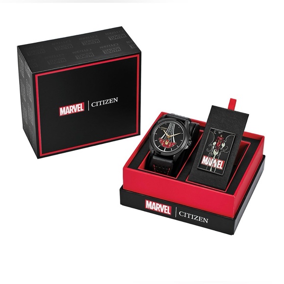 Citizen Marvel Disney Official Iron Man Stainless Steel Leather Watch & Pin,NWT - Picture 4 of 13